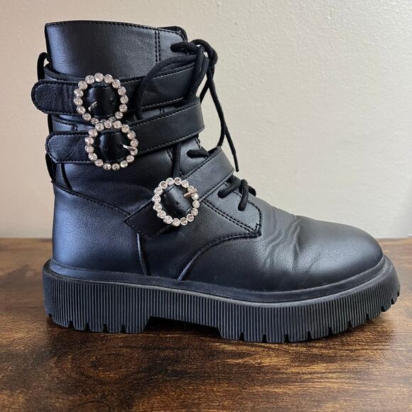 ZARA Combat Boots 34 Girls 2.5 Black Faux Leather Lace Up Rhinestone Buckle Edgy